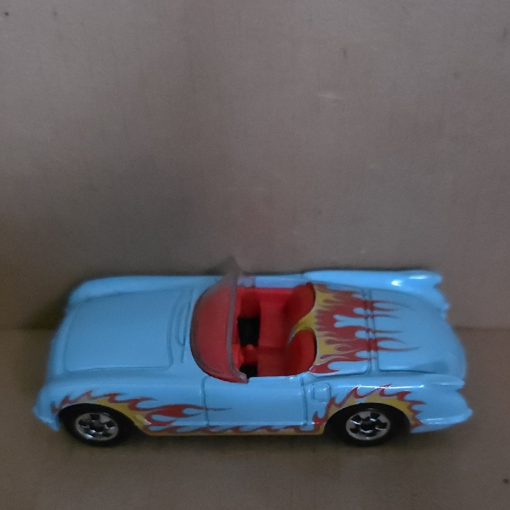 56 Corvette Mattel Convertible Car - Sky Blue with Fiery Red Flames